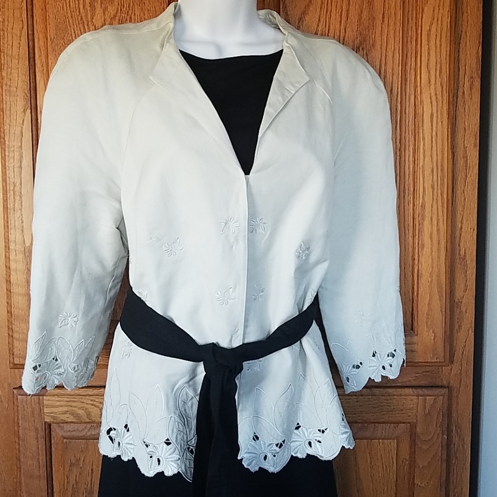 Embroidered linen blend jacket with belt 14
